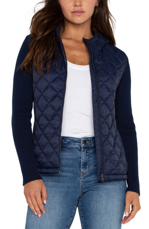 LIVERPOOL Quilted Front Full Zip Hooded Sweater in Navy