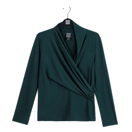 CLARA SUN WOO - V Neck Draped Pleat Top - Hunter Green