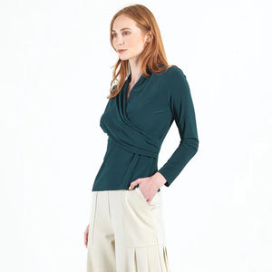 CLARA SUN WOO - V Neck Draped Pleat Top - Hunter Green