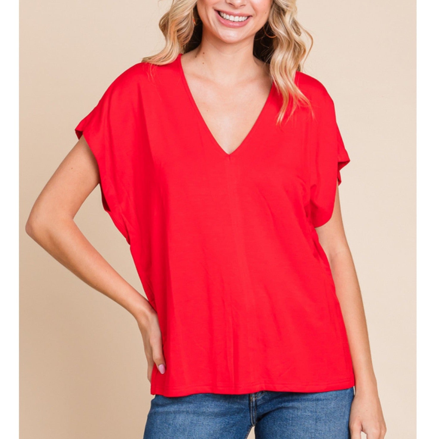 JODIFL V-neck Dolman Sleeve Top - Red