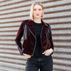 CLARA SUN WOO Vinyl - Liquid Leather™ Panel Zip Cuff Pocket Jacket - Mulberry