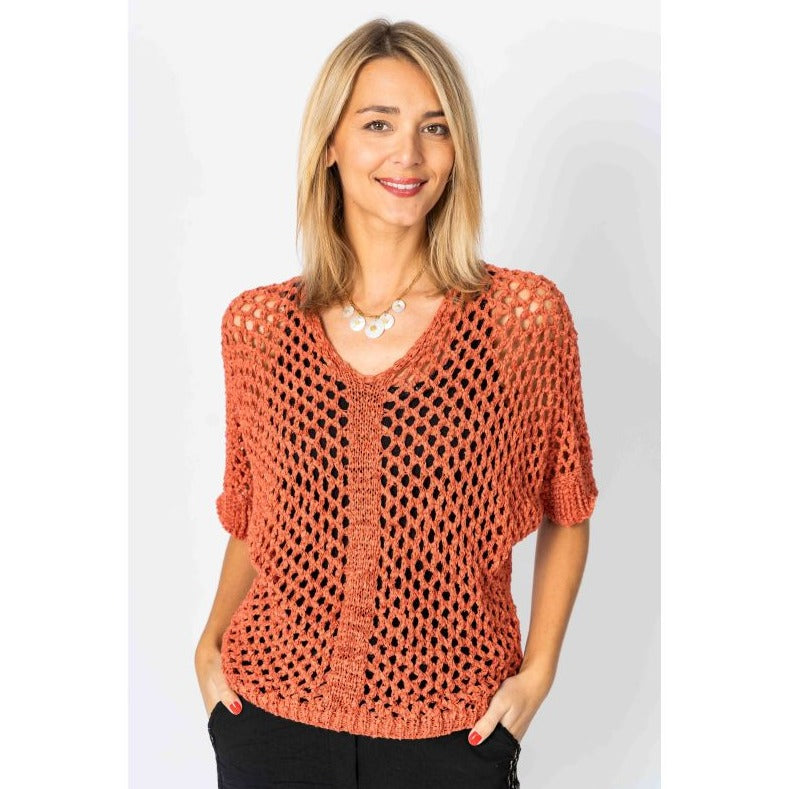 LOOK MODE Short Bat Sleeves Crochet Sweater - Pumpkin Orange