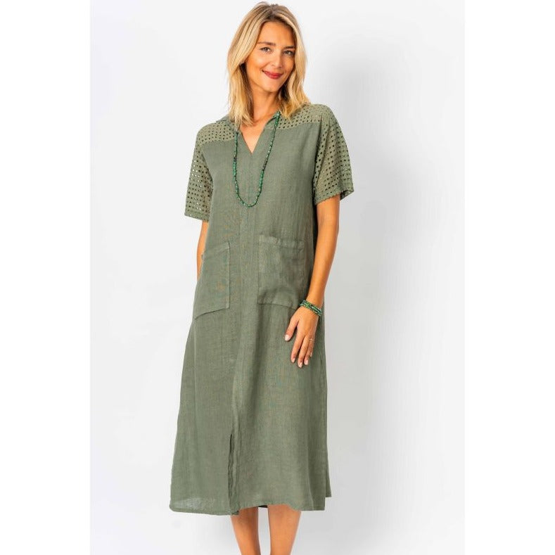 LOOK MODE Lace on Top Linen Dress - Olive Green