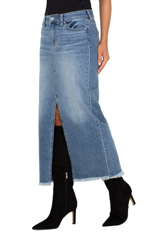 LIVERPOOL 5 Pocket Front Slit Maxi Skirt w/ Fray Hem - Denim Wash