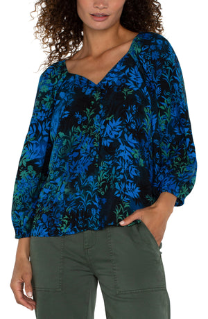 LIVERPOOL Flutter Sleeve Sweetheart Neckline Woven Blouse  - Topaz Blue