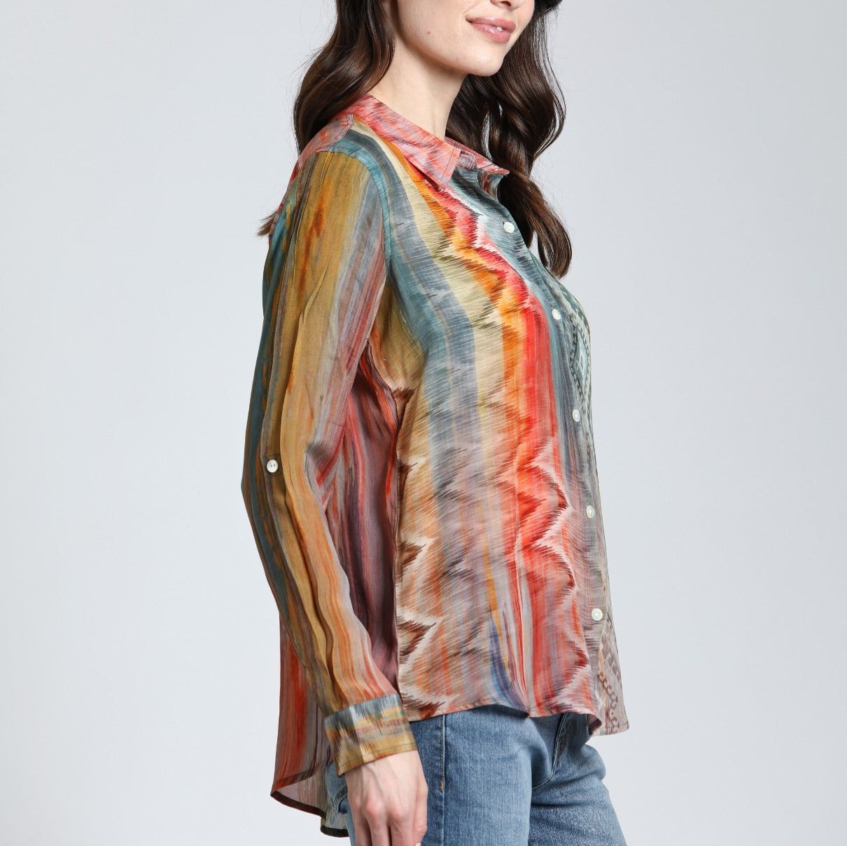 APNY Southwestern Print Button-up w/Roll-up Sleeve Blouse - Multi-colored