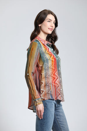 APNY Southwestern Print Button-up w/Roll-up Sleeve Blouse - Multi-colored