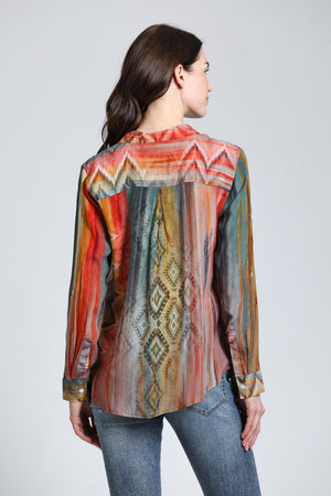 APNY Southwestern Print Button-up w/Roll-up Sleeve Blouse - Multi-colored