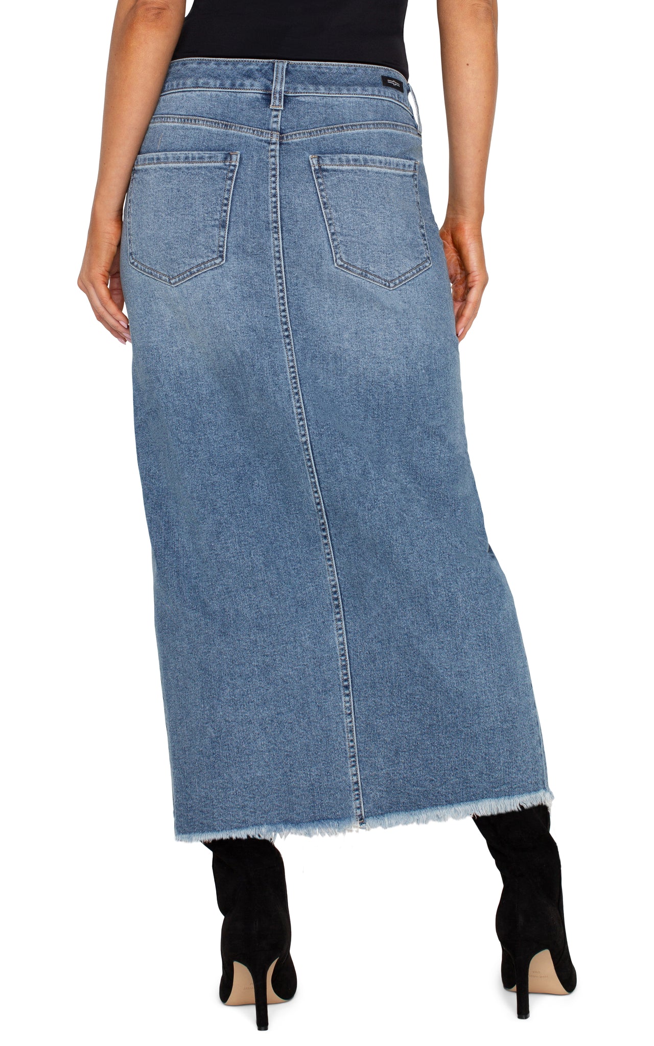 LIVERPOOL 5 Pocket Front Slit Maxi Skirt w/ Fray Hem - Denim Wash