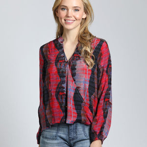 APNY Crossover with Tassel Blouse - Red/Black Print