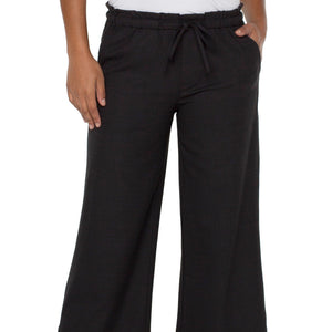 LIVERPOOL Pull-On Tie Waist Wide Leg Crop Pant - Black