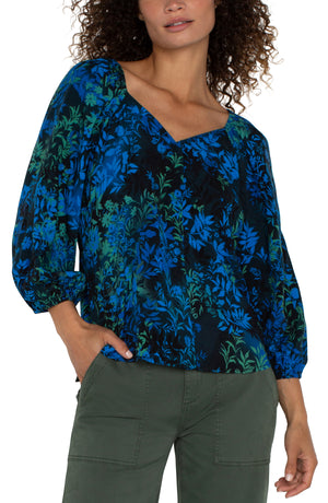 LIVERPOOL Flutter Sleeve Sweetheart Neckline Woven Blouse  - Topaz Blue