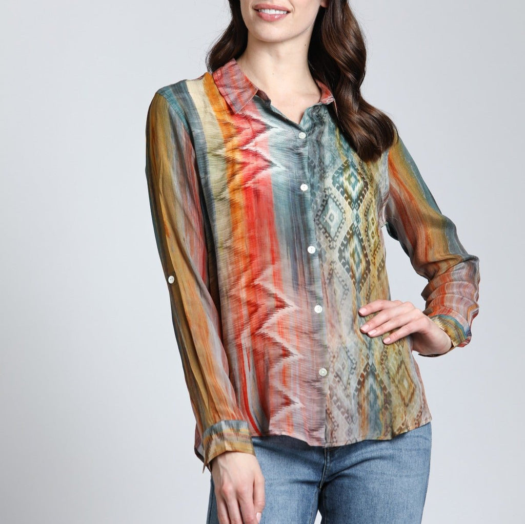 APNY Southwestern Print Button-up w/Roll-up Sleeve Blouse - Multi-colored