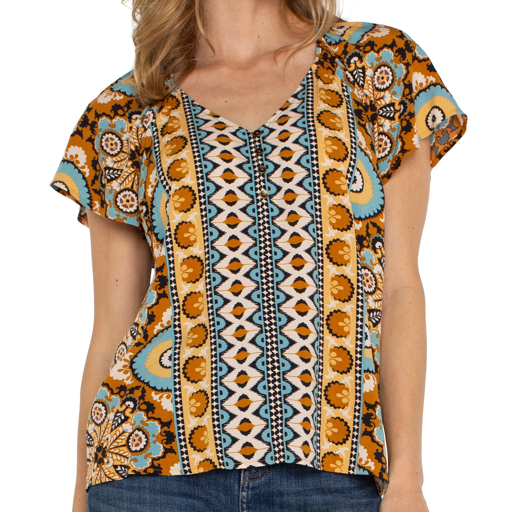 LIVERPOOL Flutter Sleeve Raglan Woven Top - Ocean Jasper